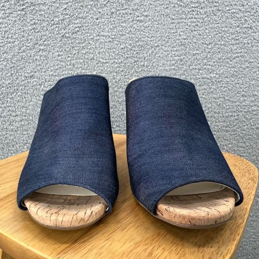 Anne Klein Cork Heels Size 10M Slides Mules Open Peep Toe Spring Summer Denim - Picture 9 of 10